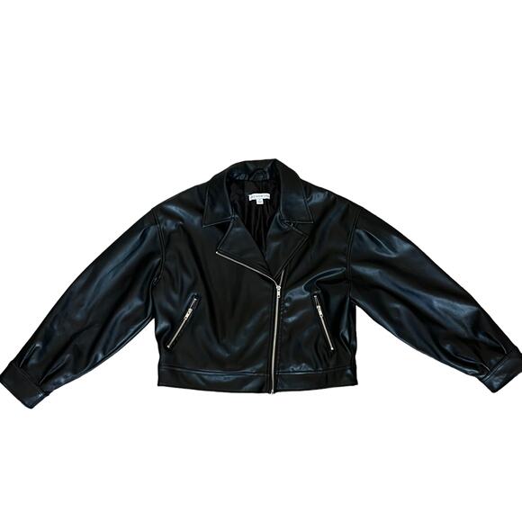 AND NOW THIS Black Faux Leather Moto Biker Jacket Zip Front Crop Size Medium - Picture 1 of 15